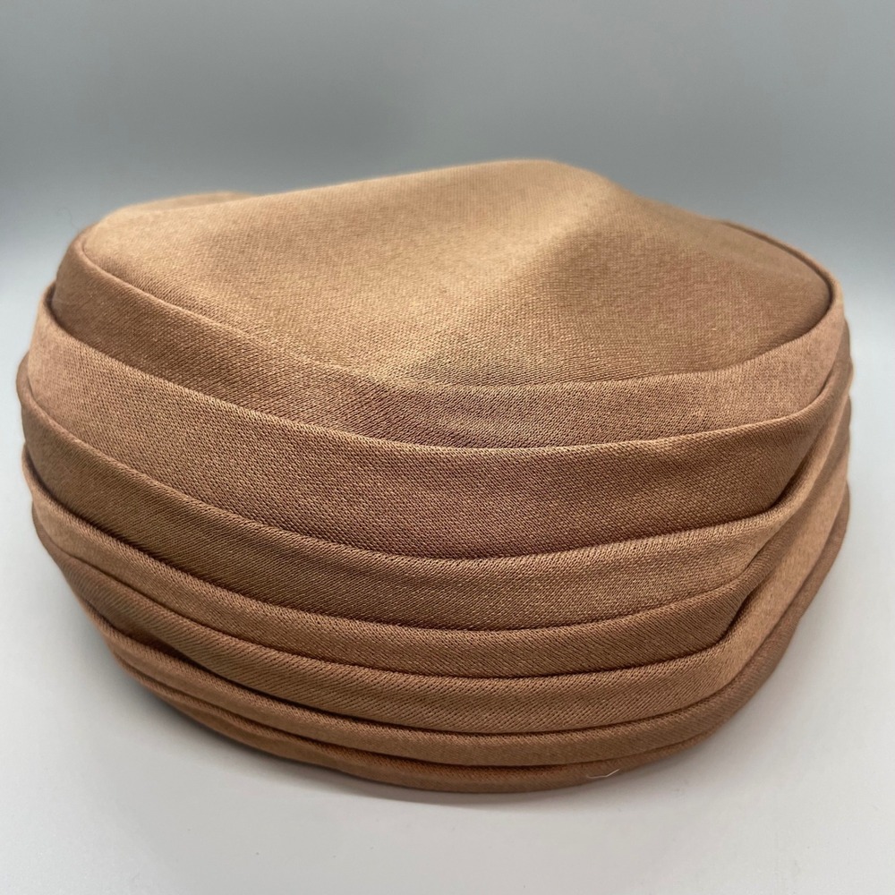 Vintage Stix Baer & Fuller Custom Made Pillbox Hat Tan Pleated Mid Century MCM